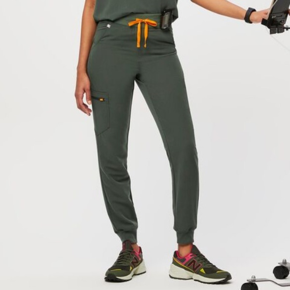 Figs Women's Jogger Pants in Dark Green with Orange Accents